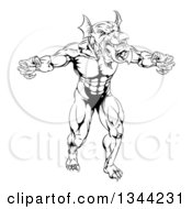 Black And White Muscular Aggressive Welsh Dragon Man Mascot Walking Upright