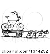 Poster, Art Print Of Black And White Woodcut People Pulling A Hipster Bicycle