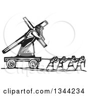 Clipart Of Black And White Woodcut People Pulling Jesus Christ And A Cross Royalty Free Vector Illustration
