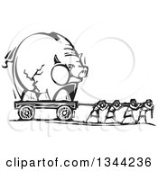 Poster, Art Print Of Black And White Woodcut People Pulling A Cracked Piggy Bank