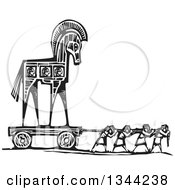 Black And White Woodcut Of People Pulling The Trojan Horse