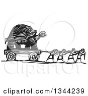 Black And White Woodcut People Pulling A Giant Tortoise