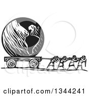 Poster, Art Print Of Black And White Woodcut People Pulling Planet Earth