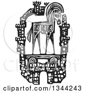 Poster, Art Print Of Black And White Woodcut Greek Trojan Horse Within The Walls Of The City Of Troy