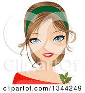 Clipart Of A Young Blue Eyed Caucasian Woman Wearing A Dark Green Head Band And Christmas Holly Accessory Royalty Free Vector Illustration