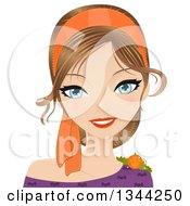 Young Blue Eyed Caucasian Woman Wearing An Orange Head Band Vampire Bat Shirt And Halloween Pumpkin Accessory