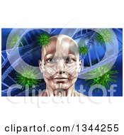 Poster, Art Print Of 3d Blue Toned Medical Anatomical Man With Visible Face Muscles Over A Blue Virus And Dna Background