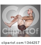 3d Fit Caucasian Man Stretching In A Yoga Pose Or Doing Sit Ups On Gray