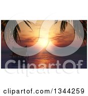 3d Water Hut At Sunset With Silhouetted Palm Trees