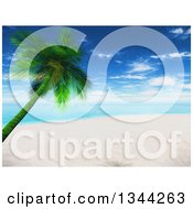 Clipart Of A 3d White Sand Beach And Leaning Palm Tree Tropical Beach With The Ocean And Shining Sun Royalty Free Illustration
