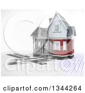 Poster, Art Print Of Half 3d Half Sketched Custom Home With Drafting Tools On Blueprints Over White 2