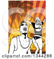 Clipart Of A Party Couple Dancing On A Tropical Beach Over A Grungy Sunset Circles Stars Rays Royalty Free Vector Illustration by dero