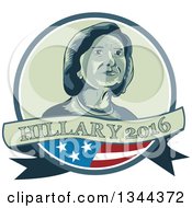 Poster, Art Print Of Retro Portrait Of Hillary Clinton In A Circle With A Partical American Flag And Text Banner