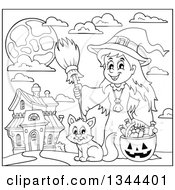 Poster, Art Print Of Cartoon Black And White Happy Witch Girl With A Jackolantern Pumpkin Of Halloween Candy And A Cat By A Haunted House