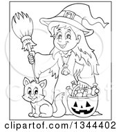 Poster, Art Print Of Cartoon Black And White Happy Witch Girl With A Jackolantern Pumpkin Of Halloween Candy And A Cat