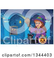 Poster, Art Print Of Cartoon Happy Witch Girl With A Jackolantern Pumpkin Of Halloween Candy And A Black Cat In A Haunted Hallway