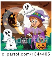 Poster, Art Print Of Cartoon Happy Witch Girl With A Jackolantern Pumpkin Of Halloween Candy Ghosts And A Black Cat By A Haunted House