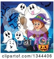 Poster, Art Print Of Cartoon Happy Witch Girl With A Jackolantern Pumpkin Of Halloween Candy Ghosts And A Black Cat Against A Full Moon