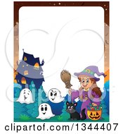 Poster, Art Print Of Cartoon Border Of A Happy Witch Girl With A Jackolantern Pumpkin Of Halloween Candy Ghosts And A Black Cat By A Haunted House