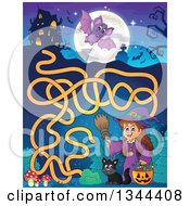 Poster, Art Print Of Cartoon Happy Witch Girl With A Jackolantern Pumpkin Of Halloween Candy And A Black Cat Maze To A Haunted House