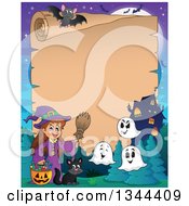 Poster, Art Print Of Cartoon Parchment Paper Border Of A Happy Witch Girl With A Jackolantern Pumpkin Of Halloween Candy Ghosts And A Black Cat By A Haunted House