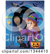 Poster, Art Print Of Cartoon Happy Witch Girl With A Jackolantern Pumpkin Of Halloween Candy Bats And A Black Cat In A Haunted Hallway