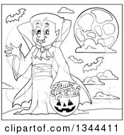 Poster, Art Print Of Cartoon Black And White Dracula Vampire Waving And Holding A Jackolantern Basket With Halloween Candy