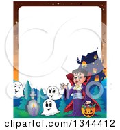 Poster, Art Print Of Cartoon Border Of A Dracula Vampire Waving And Holding A Jackolantern Basket With Halloween Candy Ghosts And A Haunted House