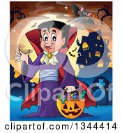 Poster, Art Print Of Cartoon Dracula Vampire Waving And Holding A Jackolantern Basket With Halloween Candy And Bats In A Cemetery By A Haunted House