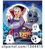Poster, Art Print Of Cartoon Dracula Vampire Waving And Holding A Jackolantern Basket With Halloween Candy And Ghosts By A Haunted House
