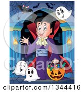 Poster, Art Print Of Cartoon Dracula Vampire Waving And Holding A Jackolantern Basket With Halloween Candy With Bats And Ghosts In A Haunted Hallway