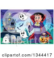 Poster, Art Print Of Cartoon Dracula Vampire Waving And Holding A Jackolantern Basket With Halloween Candy And Ghosts In A Cemetery By A Haunted House
