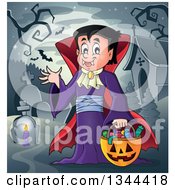 Poster, Art Print Of Cartoon Dracula Vampire Waving And Holding A Jackolantern Basket With Halloween Candy In A Cemetery