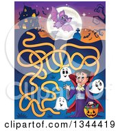 Poster, Art Print Of Cartoon Dracula Vampire Waving And Holding A Jackolantern Basket With Halloween Candy And Ghosts In A Maze Leading To A Haunted House