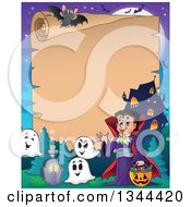 Poster, Art Print Of Cartoon Parchment Scroll Border Of A Dracula Vampire Waving And Holding A Jackolantern Basket With Halloween Candy Ghosts And A Haunted House