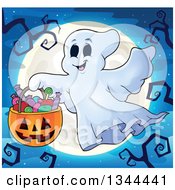 Clipart Of A Trick Or Treating Halloween Ghost With A Bucket Of Candy Over A Full Moon Royalty Free Vector Illustration
