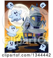 Poster, Art Print Of Halloween Ghosts Bats And A Full Moon Around A Haunted House