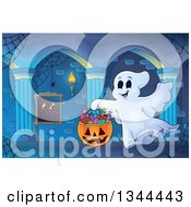 Clipart Of A Trick Or Treating Halloween Ghost With A Bucket Of Candy In A Haunted Hallway Royalty Free Vector Illustration