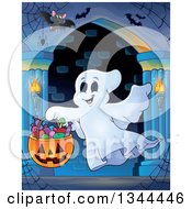 Poster, Art Print Of Trick Or Treating Halloween Ghost With A Bucket Of Candy And Bats In A Haunted Hallway