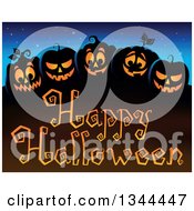 Poster, Art Print Of Row Of Illuminated Jackolantern Pumpkins Over Happy Halloween Text And A Night Sky