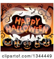 Poster, Art Print Of Row Of Illuminated Jackolantern Pumpkins Under Happy Halloween Text Bare Tree Branches Bats And A Full Moon