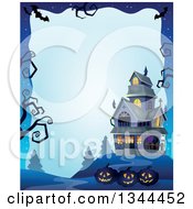 Poster, Art Print Of Halloween Border Of Illuminated Jackolantern Pumpkins With A Haunted House And Bare Tree Branches On Blue