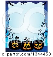 Poster, Art Print Of Halloween Border Of Illuminated Jackolantern Pumpkins With Bare Tree Branches On Blue