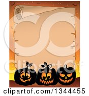 Clipart Of A Halloween Parchment Scroll With Illuminated Jackolantern Pumpkins On Orange Royalty Free Vector Illustration