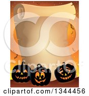Clipart Of A Halloween Parchment Scroll With Illuminated Jackolantern Pumpkins On Orange 2 Royalty Free Vector Illustration