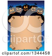 Poster, Art Print Of Halloween Parchment Scroll With Illuminated Jackolantern Pumpkins On Blue