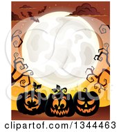 Poster, Art Print Of Illuminated Halloween Jackolantern Pumpkins With Bare Tree Branches Bats And A Full Moon Over Orange