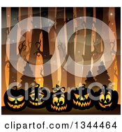Clipart Of A Dark Misty Forest With Lit Halloween Jackolantern Pumpkins Royalty Free Vector Illustration by visekart