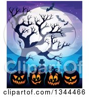 Poster, Art Print Of Illuminated Halloween Jackolantern Pumpkins With A Tombstone Bare Tree Bats And A Full Moon