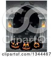 Poster, Art Print Of Illuminated Halloween Jackolantern Pumpkins With Bats In A Haunted Hallway